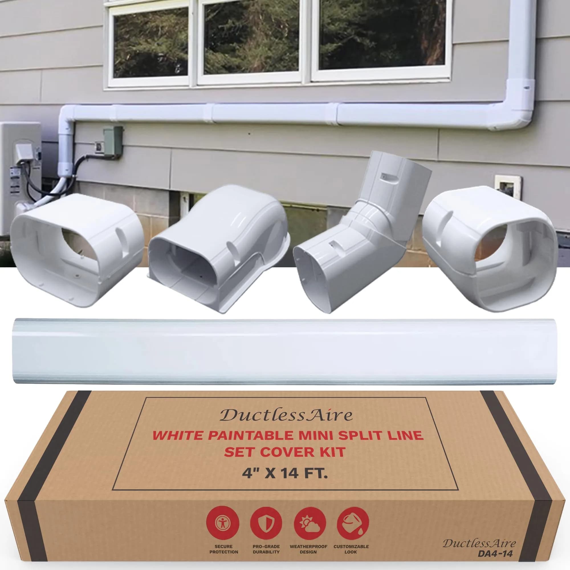 DuctlessAire White Mini Split Line Set Cover Kit 2.29 m (7.5 ft) | Protects AC Wiring & Tubing — White / 4 x 14 in