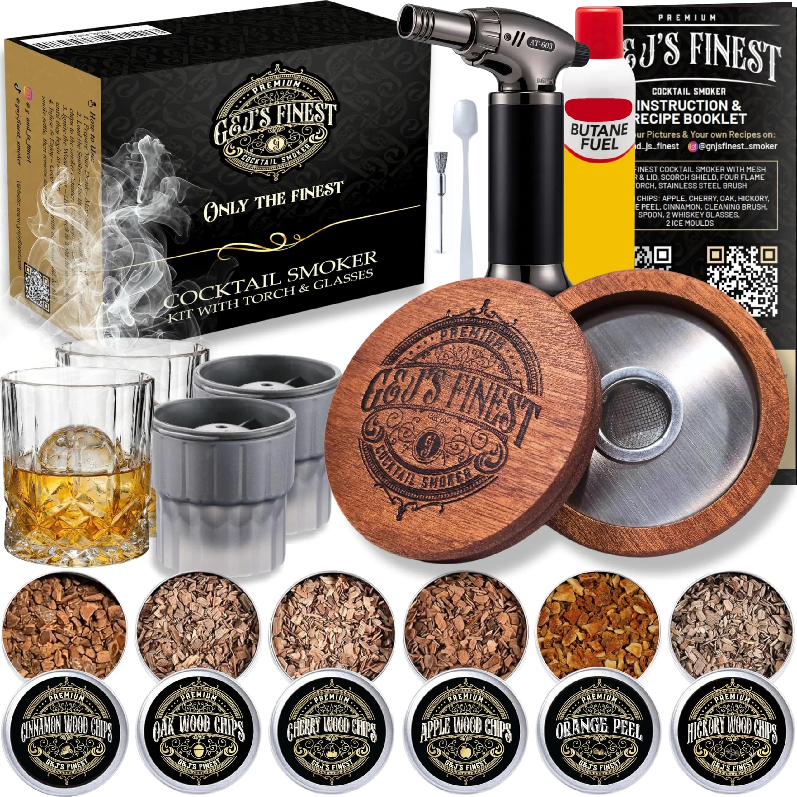 Whiskey Smoker Kit | Cocktail Smoker Kit with Torch and Glasses, Scorch Shield, Lid, 6 Wood Chips & Gift Box for Smoked Old Fashioned| Bourbon Smoker (With Butane) thumbnail 1