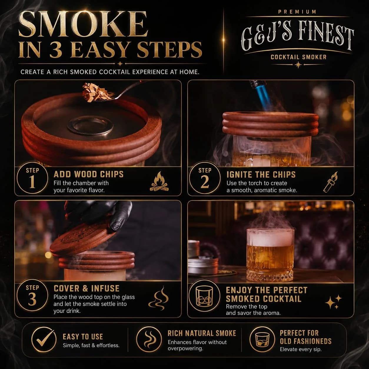 Whiskey Smoker Kit | Cocktail Smoker Kit with Torch and Glasses, Scorch Shield, Lid, 6 Wood Chips & Gift Box for Smoked Old Fashioned| Bourbon Smoker (With Butane) thumbnail 3