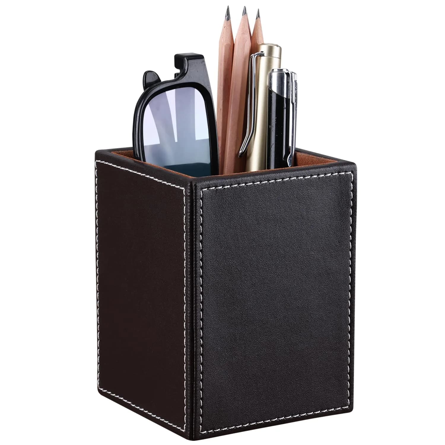 KINGFOM PU Leather Square Pencil Holder Cup | Desktop Stationery Organizer for Office & Study - main product image