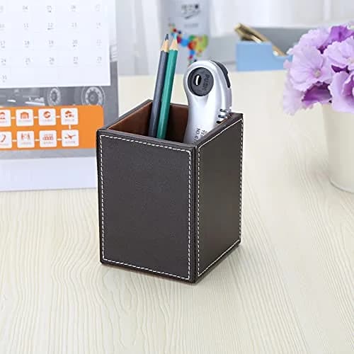 KINGFOM PU Leather Square Pencil Holder Cup | Desktop Stationery Organizer for Office & Study thumbnail 7