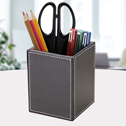 KINGFOM PU Leather Square Pencil Holder Cup | Desktop Stationery Organizer for Office & Study thumbnail 3
