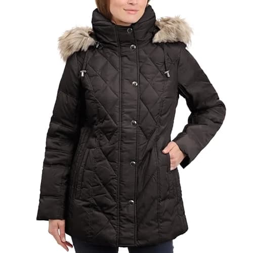 London Fog Women's Diamond Quilted Down Coat | Classic Fit with Detachable Faux Fur Hood (X-Large, Black) thumbnail 1