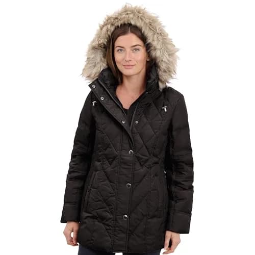 London Fog Women's Diamond Quilted Down Coat | Classic Fit with Detachable Faux Fur Hood (X-Large, Black) thumbnail 2