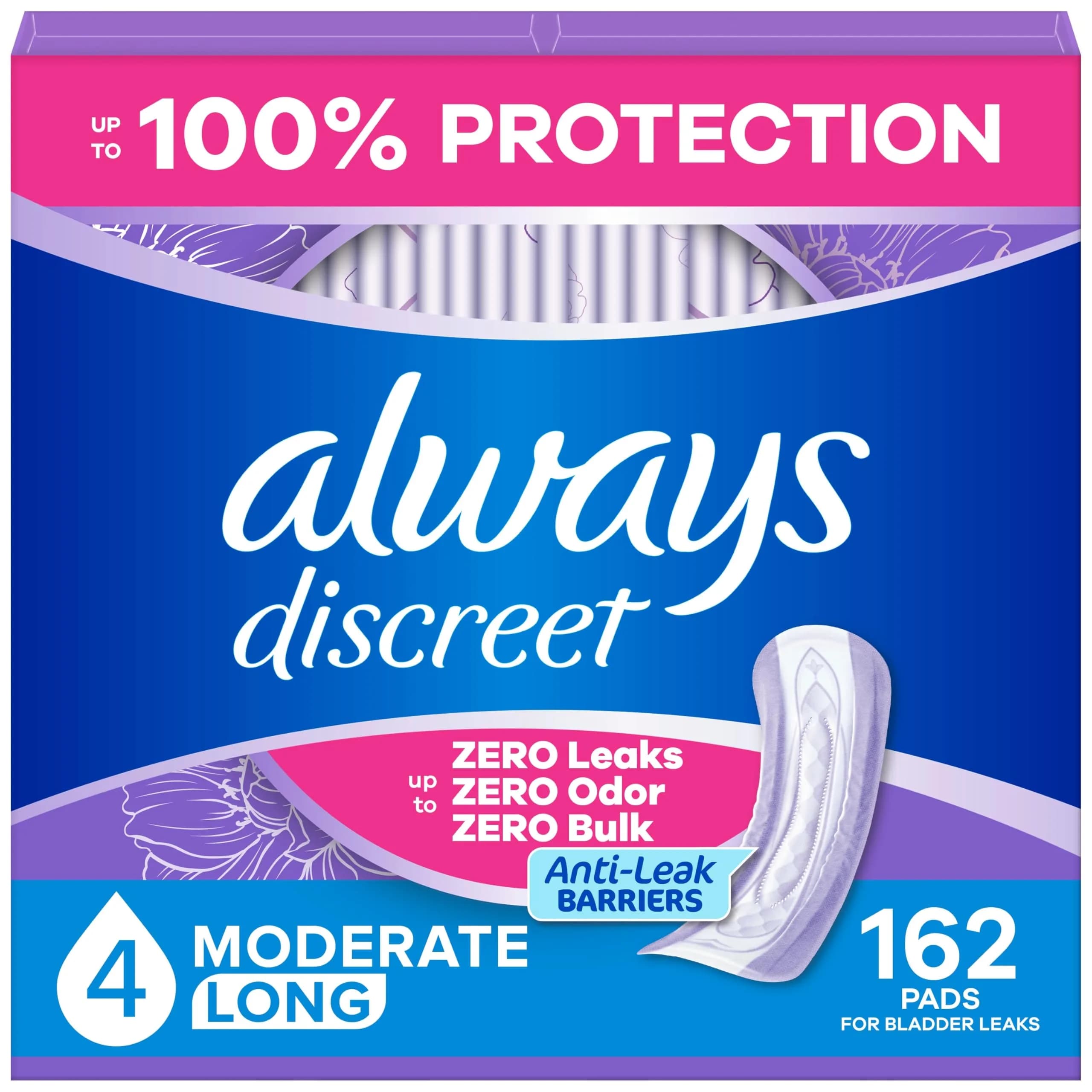 Always Discreet Moderate Long Incontinence Pads 162ct | Drier, 4 Drop Length, USA Imported