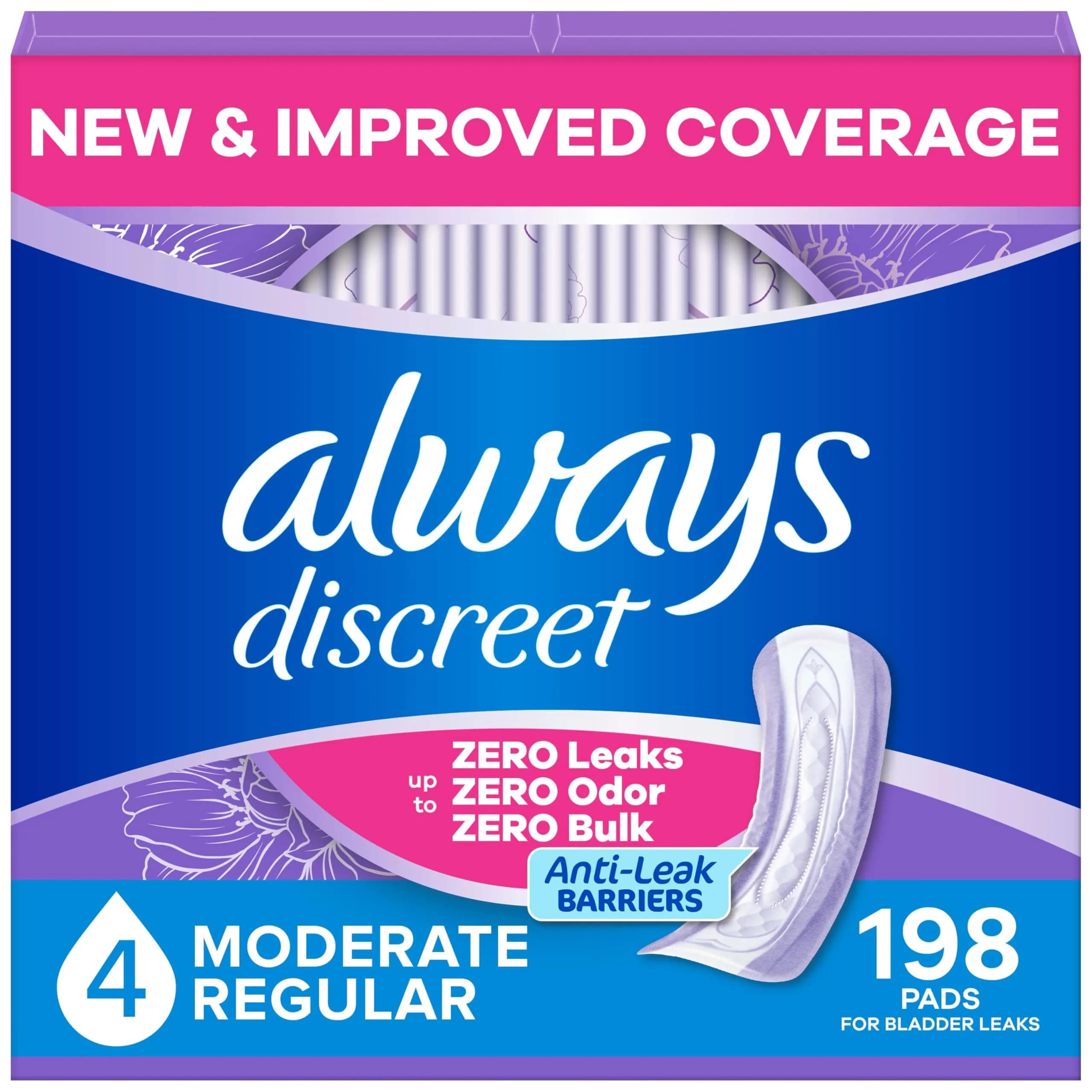 Always Discreet Adult Incontinence Pads for Women, Regular Length, Moderate Absorbency, 198 Count | Drier, 4 Drop Protection