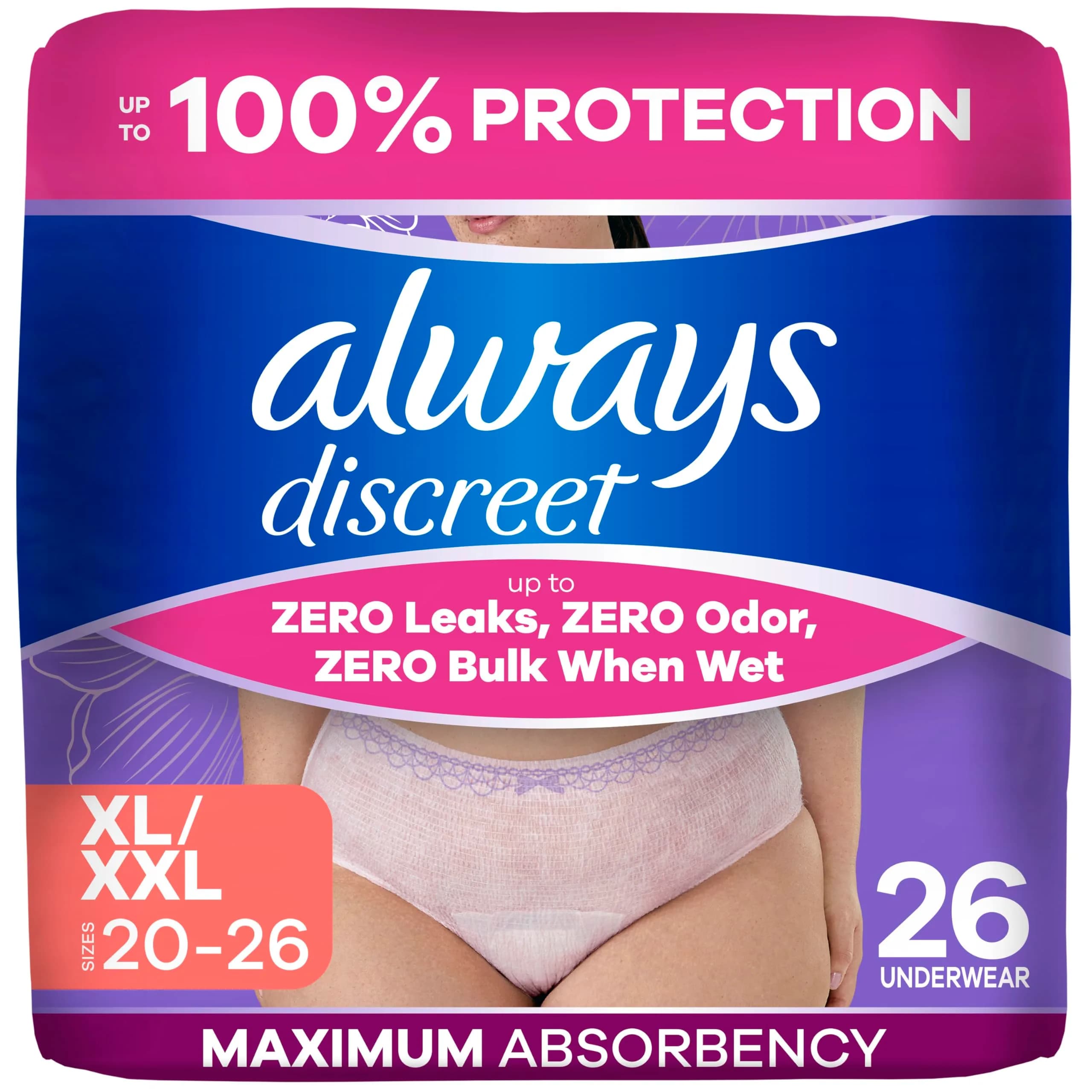 Always Discreet Incontinence Underwear for Women, Extra Large/XL, 26 Count | Max Absorbency, Discreet Fit - main product image