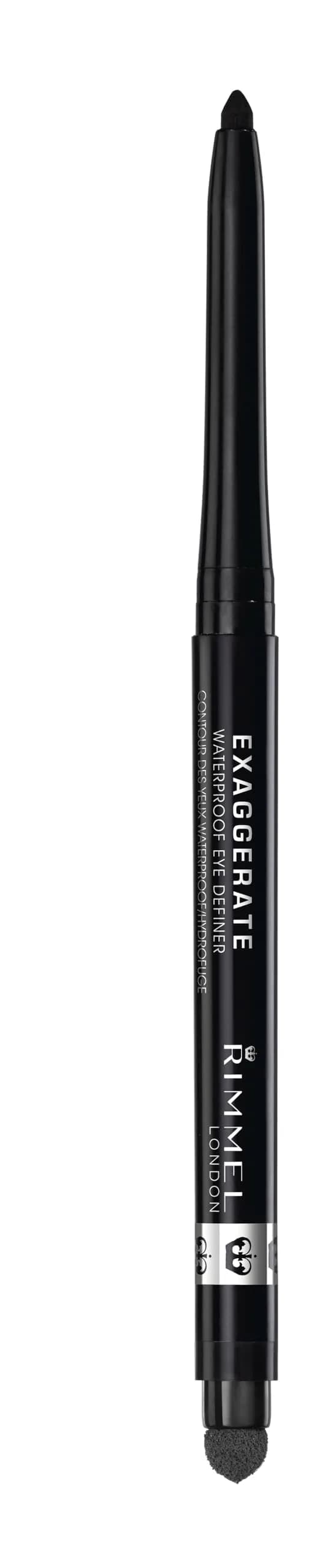 Rimmel London Exaggerate Waterproof Eye Definer Pencil, Blackest Black 0.01oz | Matte Finish, Built-In Smudger & Sharpener — Blackest Black