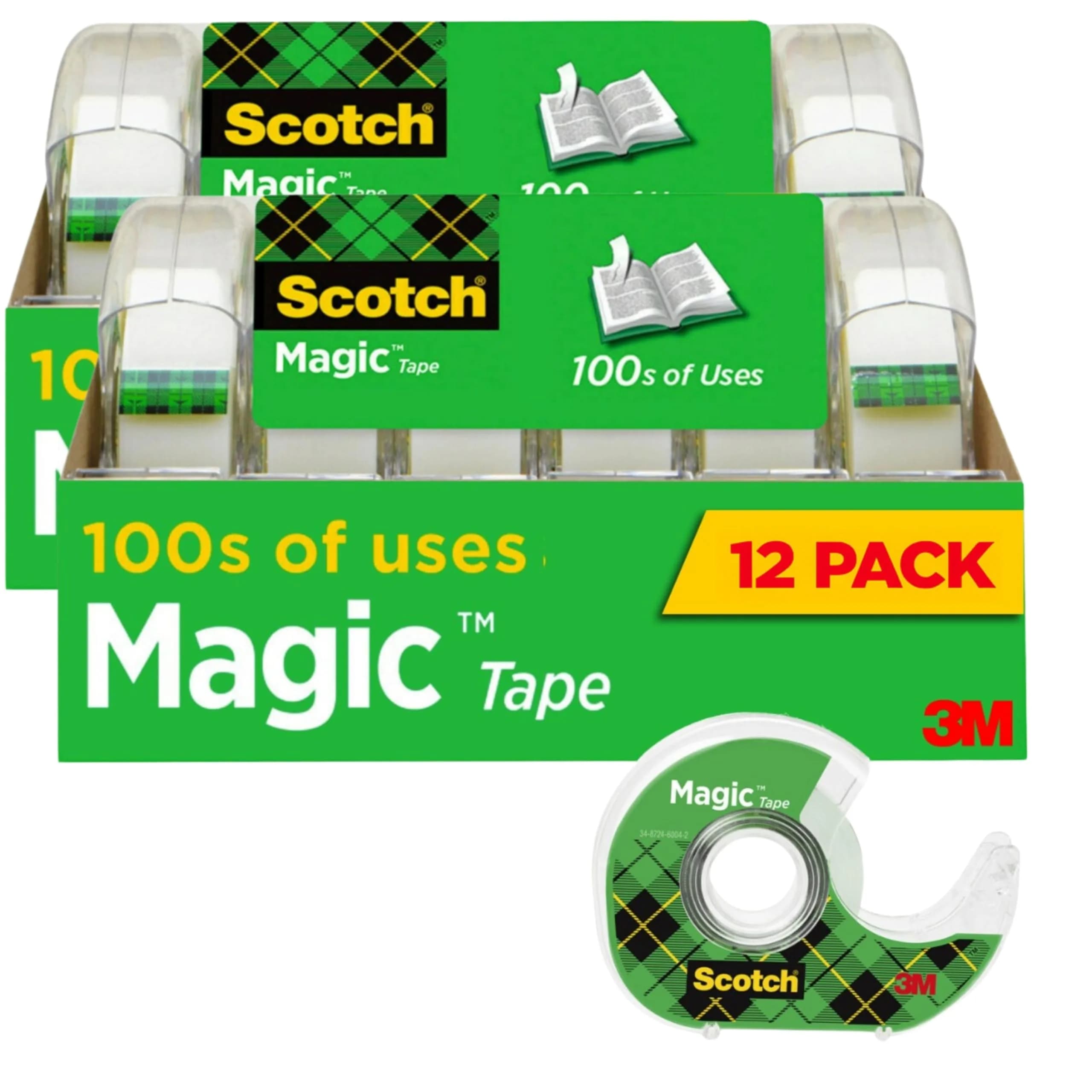 Scotch Magic Tape 3/4 in x 350 in per Roll — 12 Rolls with Dispensers | Invisible Matte Finish, Permanent Adhesive - main product image