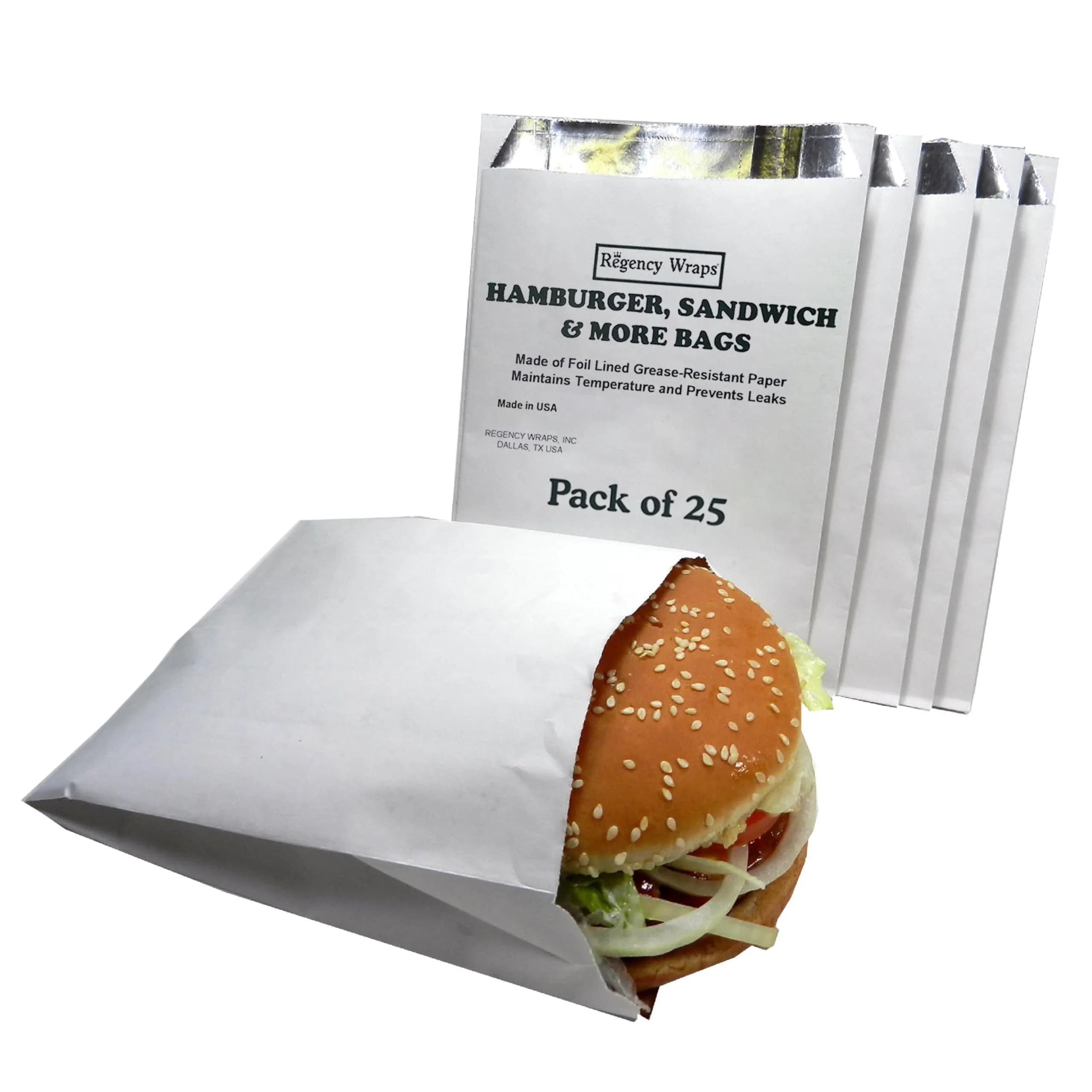 Regency Wraps Grease Resistant Snack Bags, Foil Lined Burger Bags 25 Pack | Keep Food Warm and Fresh — Hamburger Bag