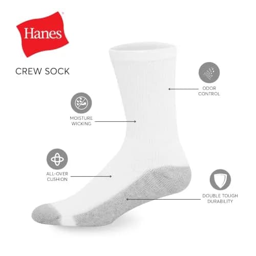 Hanes Double Tough Crew Socks 12-Pair Pack, White/Grey Foot Bottom, Men's Size 6-12 | Full Cushioning & Odor Protection thumbnail 5