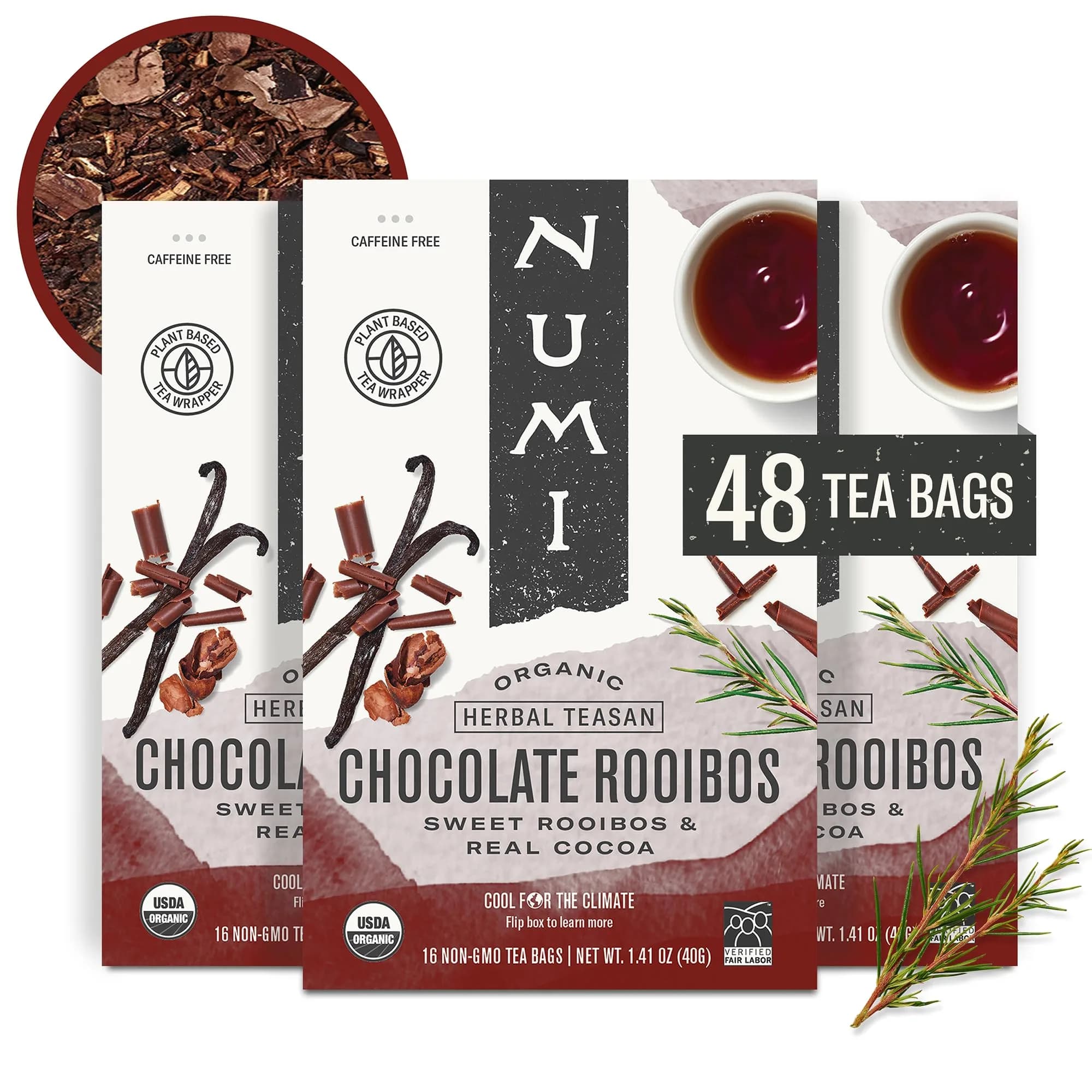 Numi Organic Rooibos Tea, 100 Herbal Tea Bags, Caffeine Free | Organic, Natural & Fair Trade (70-120 chars) — Chocolate Rooibos Tea