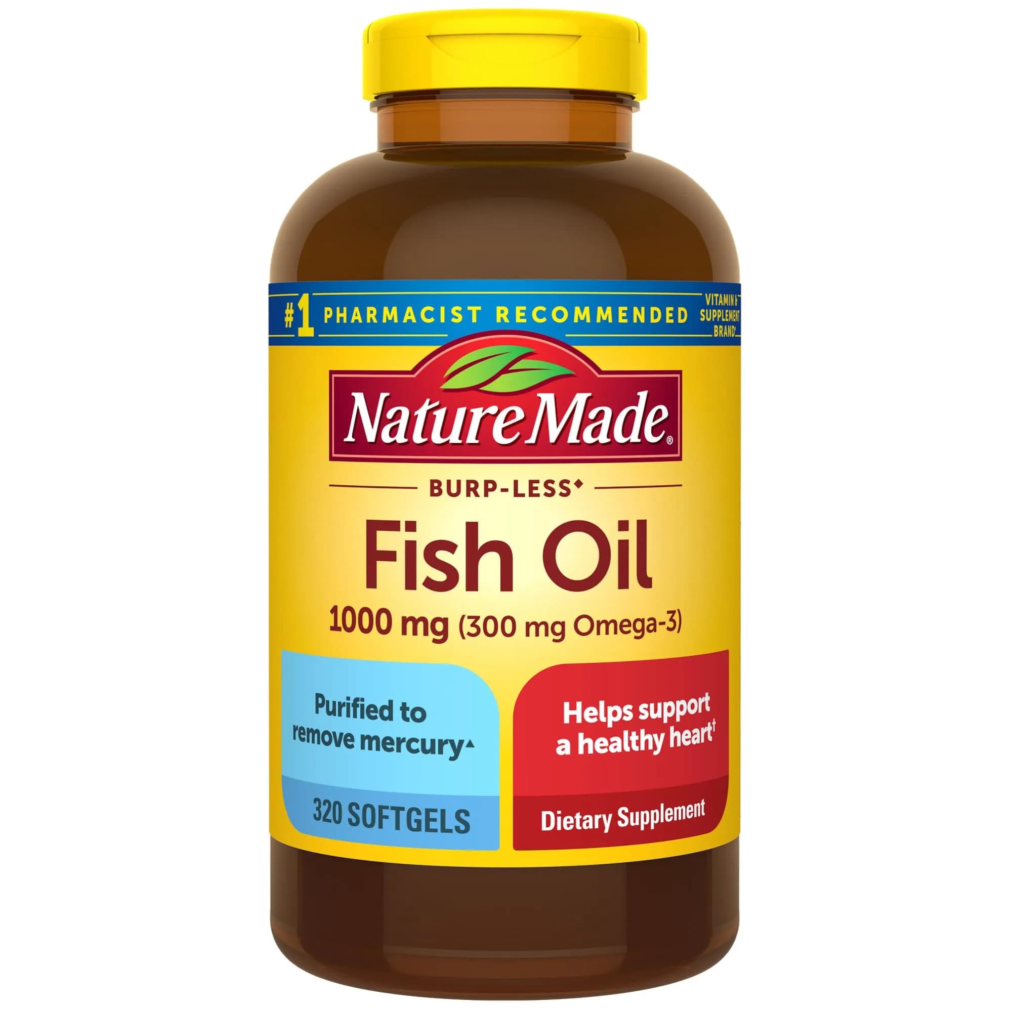 Nature Made Burp Less Fish Oil Omega 3 1000mg Softgels, 320 Count (160 Day Supply)