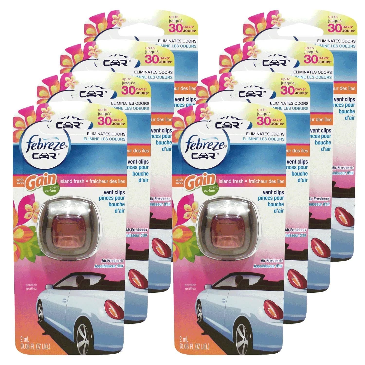 Febreze Car Vent Clips Air Freshener & Odor Eliminator, Gain Island Fresh Scent - 8 Piece, Multicolor