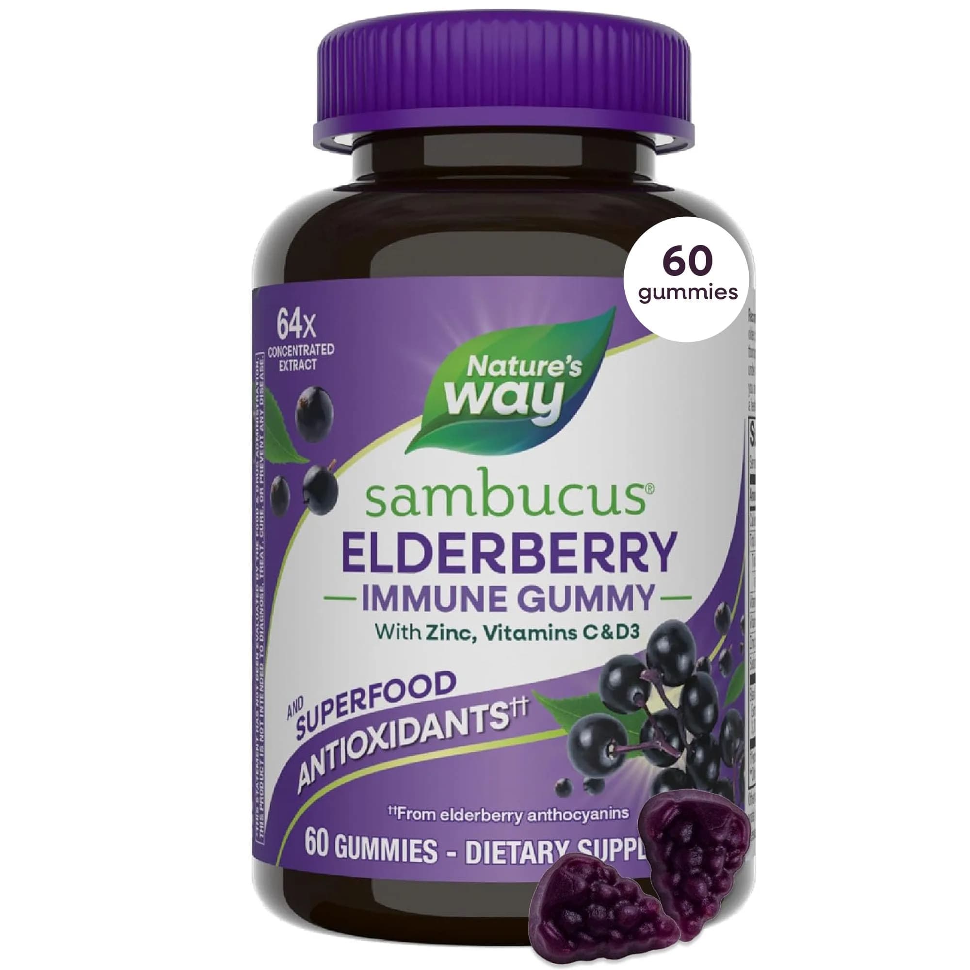 Nature's Way Sambucus Elderberry Gummies Immune Support with Vitamin C, D3, Zinc (60 Count)