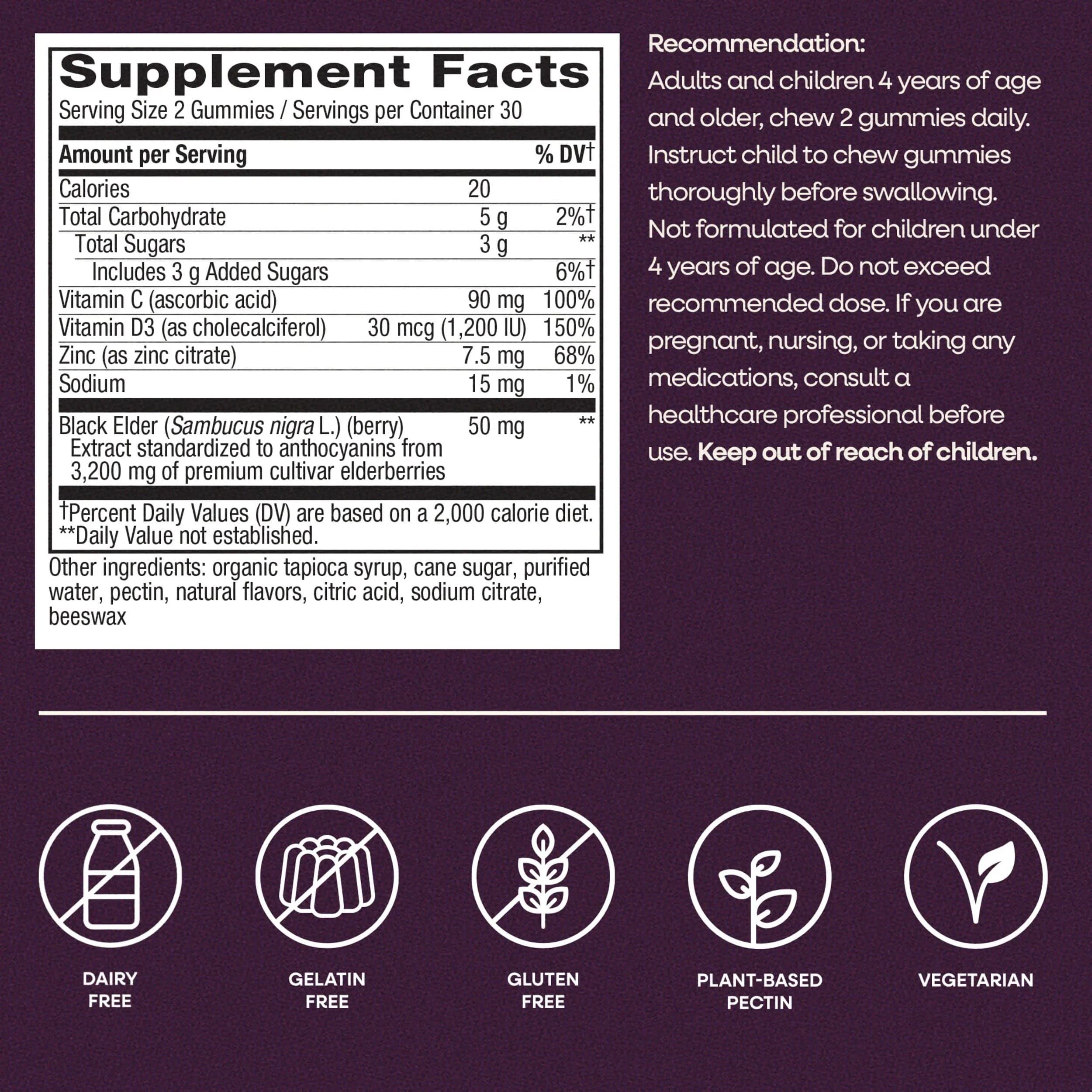 Nature's Way Sambucus Elderberry Gummies Immune Support with Vitamin C, D3, Zinc (60 Count) thumbnail 7