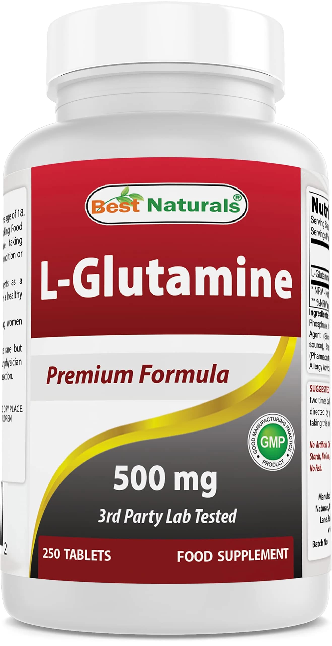 Best Naturals L-Glutamine 500 mg | 250 Tablets for Muscle & Gut Support, Unflavored — Tablet