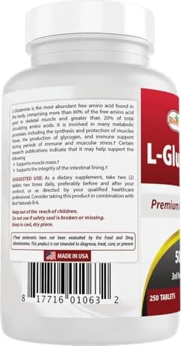 Best Naturals L-Glutamine 500 mg | 250 Tablets for Muscle & Gut Support, Unflavored thumbnail 7