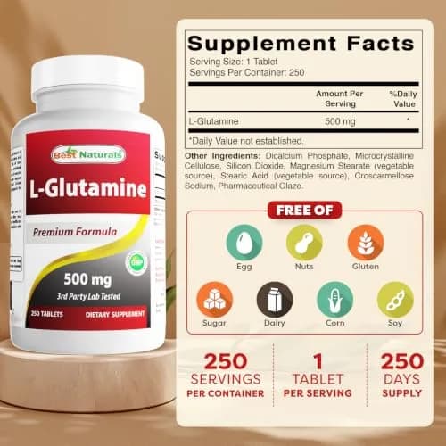 Best Naturals L-Glutamine 500 mg | 250 Tablets for Muscle & Gut Support, Unflavored thumbnail 2
