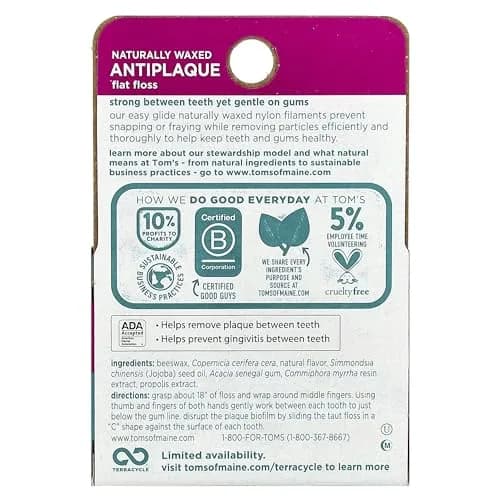 Tom's of Maine Natural Waxed Antiplaque Flat Floss Spearmint 192 Foot (Pack of 2) | ADA Accepted thumbnail 8