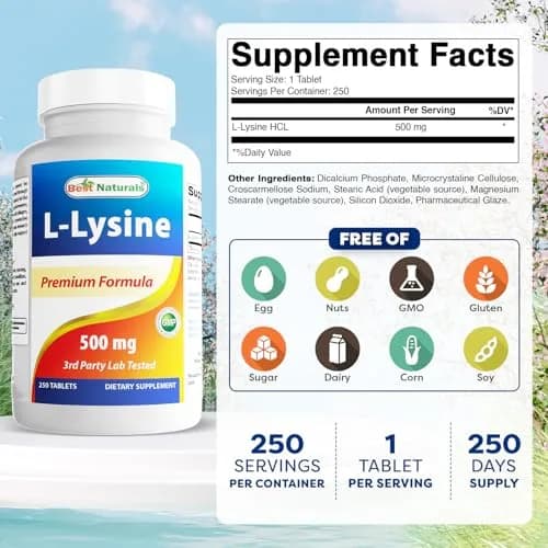 Best Naturals L-Lysine 500 mg 250 Tablets | Supports Immune & Skin Health thumbnail 2