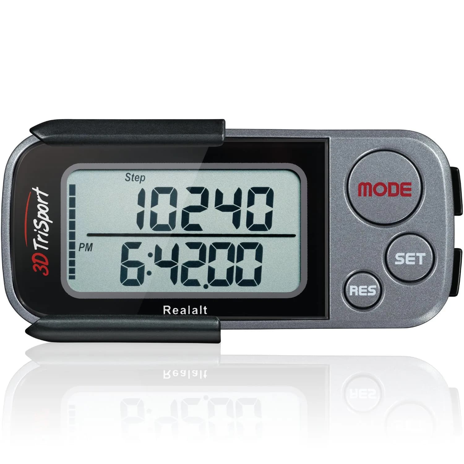 Realalt 3DTriSport Pedometer with Clip & Strap, Accurate Step Counter 30-Day Memory 1.7-inch Display | Tracks Steps, Distance, Calories