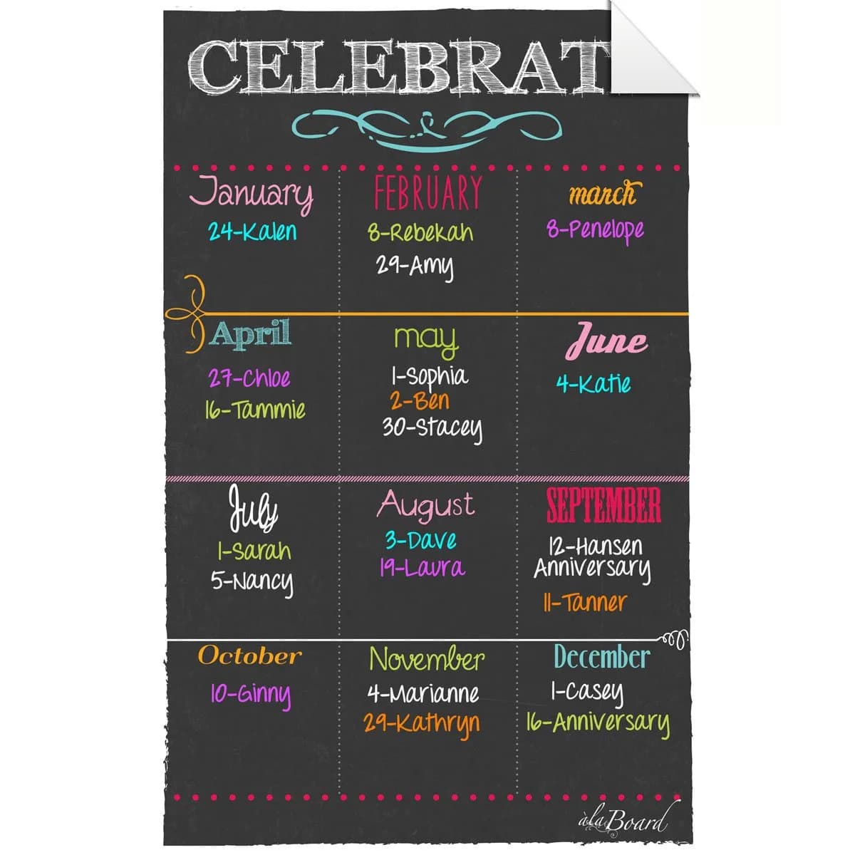 Ala Board Black Birthday Calendar Decal | Perpetual Dry-Erase Planner for Home, School, Office (7.5" x 11.75") — Black