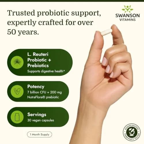 Swanson L. Reuteri Probiotic with Prebiotic 30 Vegan Capsules | Gut Health Support for Adults thumbnail 3
