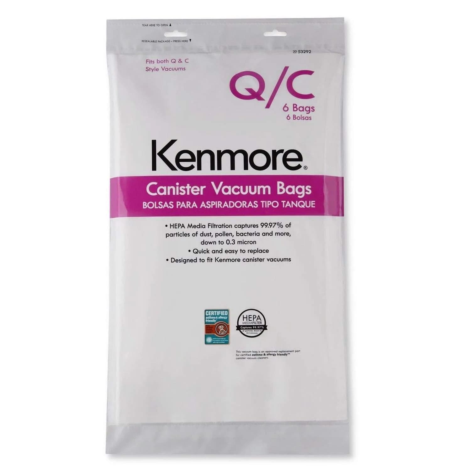 Kenmore Canister Vacuum Bags Type Q & C (6) | HEPA Filtration, Easy to Install, Certified for Asthma & Allergy (70-120 chars) - main product image