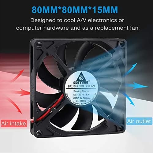 GDSTIME 80mm x 80mm x 15mm 12V Brushless DC Cooling Computer Case Fan 2Pin | 2700 RPM, 32.8 CFM, 27.8 dBA, 1.76 oz thumbnail 4