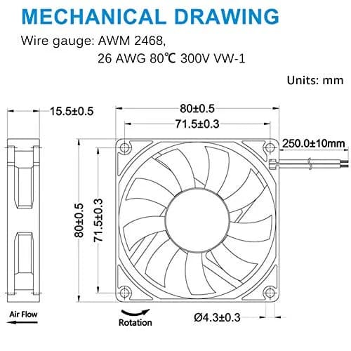 GDSTIME 80mm x 80mm x 15mm 12V Brushless DC Cooling Computer Case Fan 2Pin | 2700 RPM, 32.8 CFM, 27.8 dBA, 1.76 oz thumbnail 8