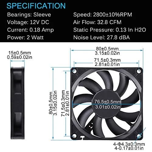 GDSTIME 80mm x 80mm x 15mm 12V Brushless DC Cooling Computer Case Fan 2Pin | 2700 RPM, 32.8 CFM, 27.8 dBA, 1.76 oz thumbnail 2