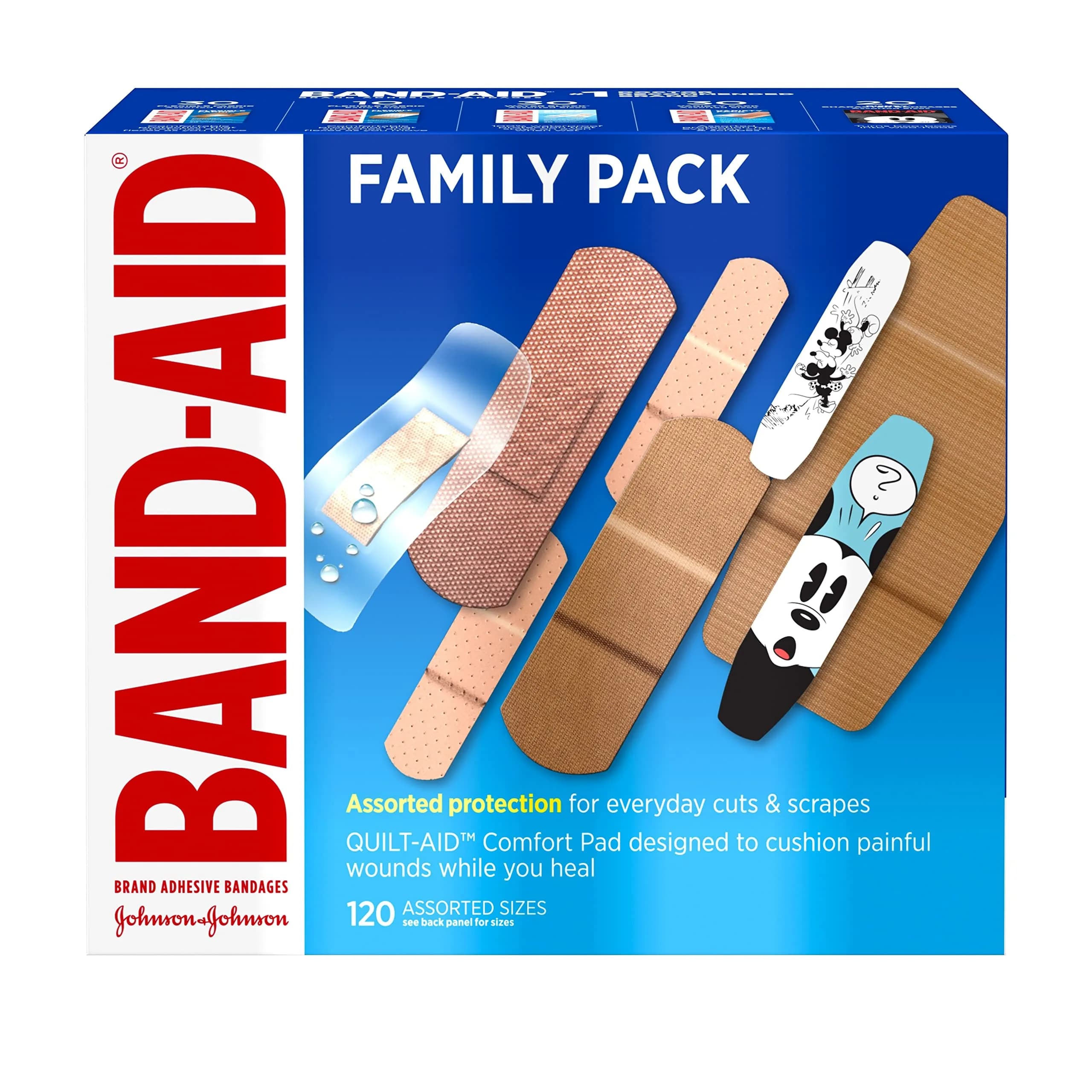 Band-Aid Adhesive Bandage Family Variety Pack 120 ct | Waterproof, Flexible & Disney Kids - main product image