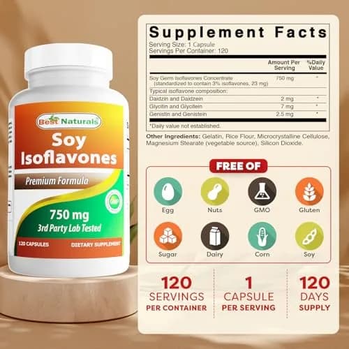 Best Naturals Soy Isoflavones for Women 750 Mg Capsules | Menopause Relief, 120 Count thumbnail 2