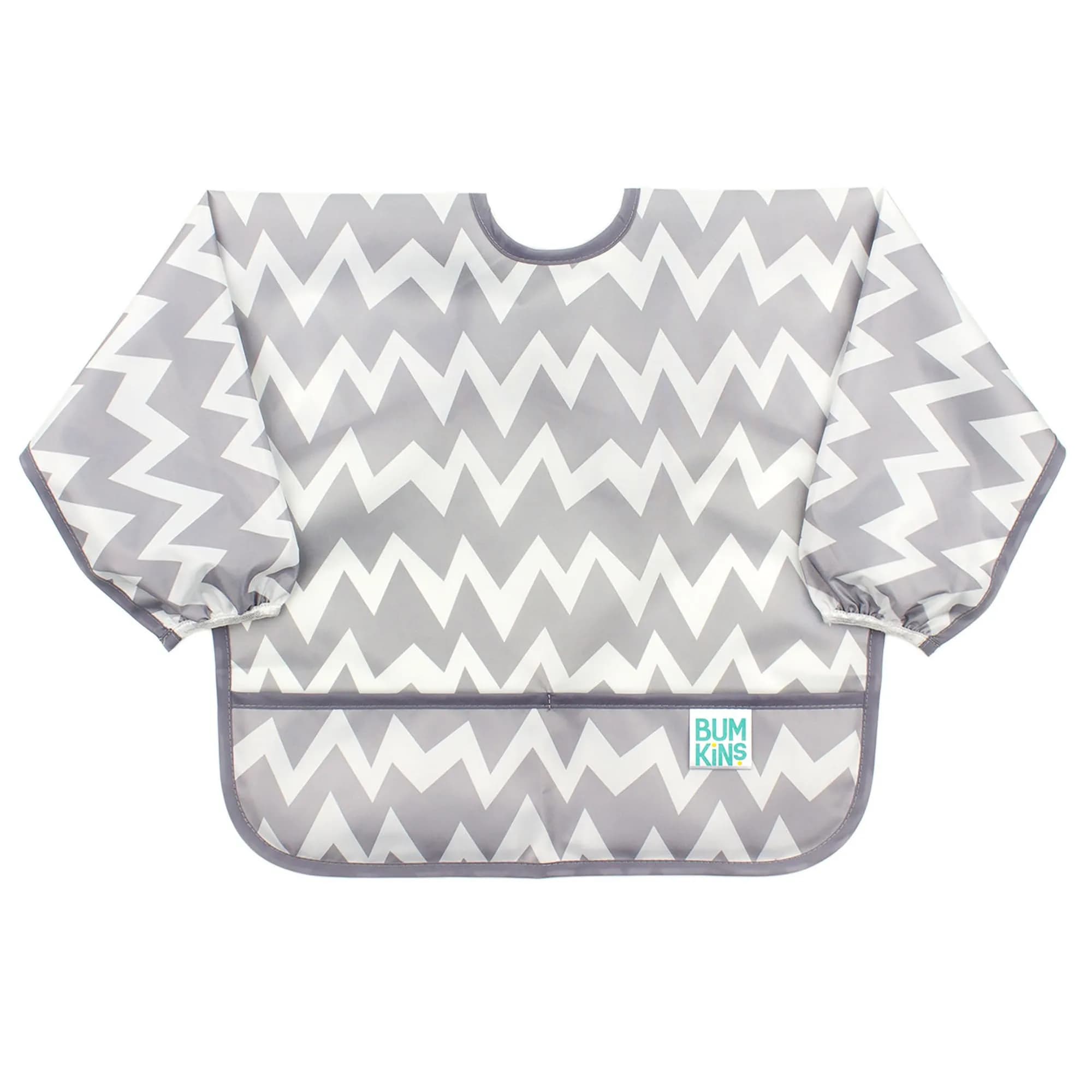 Bumkins Sleeved Bib for Babies 6-24 Months | Waterproof Fabric with Crumb Catcher Pocket, Jungle Print — B2 Gray Chevron / Bumkins