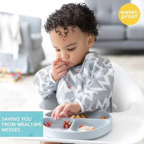 Bumkins Gray Chevron Sleeved Bib for Babies & Toddlers 6-24 Months | Mess-Saving Food Catcher with Waterproof Fabric thumbnail 2