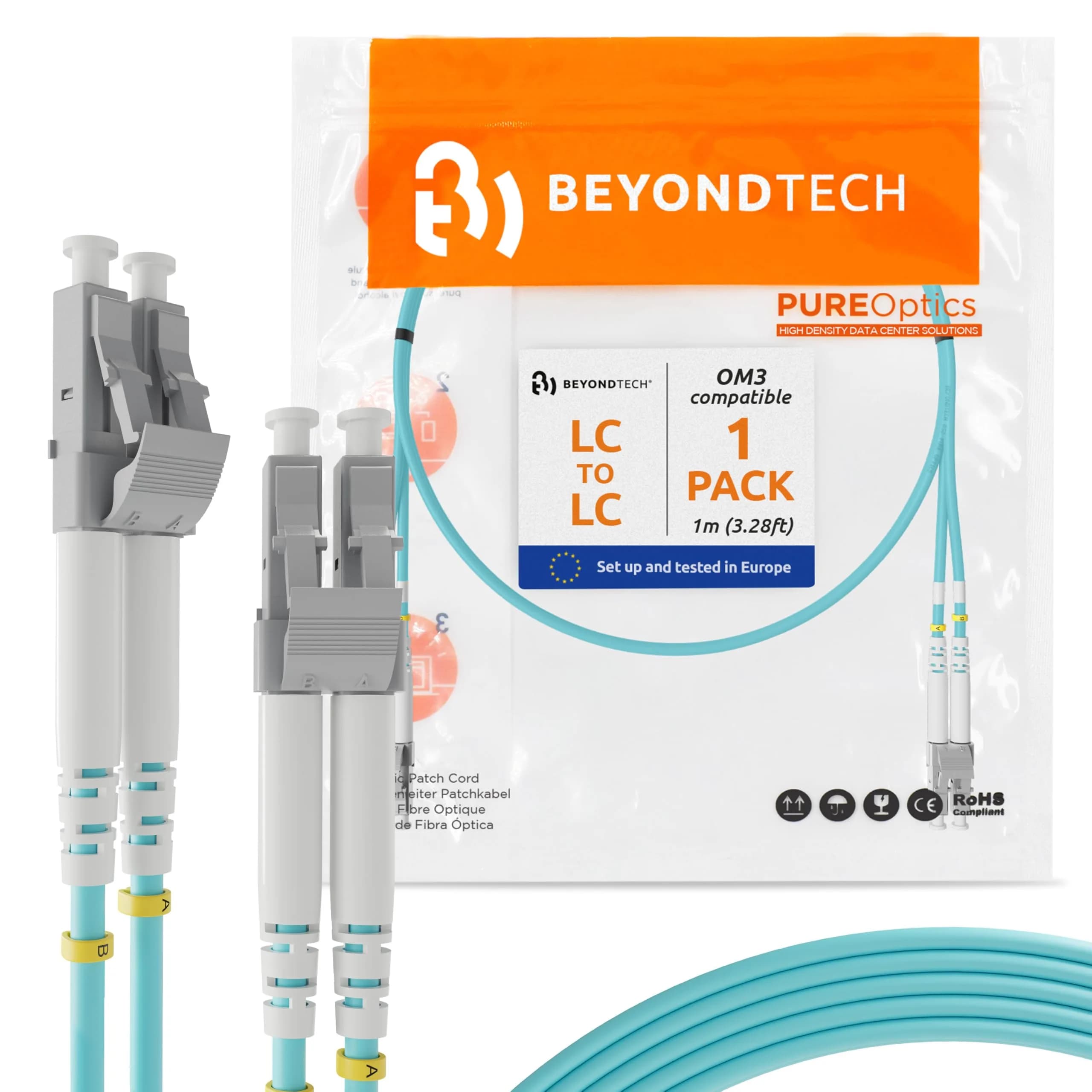 BEYONDTECH 1m (3ft) LC to LC Fiber Patch Cable – Multimode Duplex, 10G, LSZH Jacket, Compatible with OM3, Data & Video Networks — LC to SC / 1m (3ft)