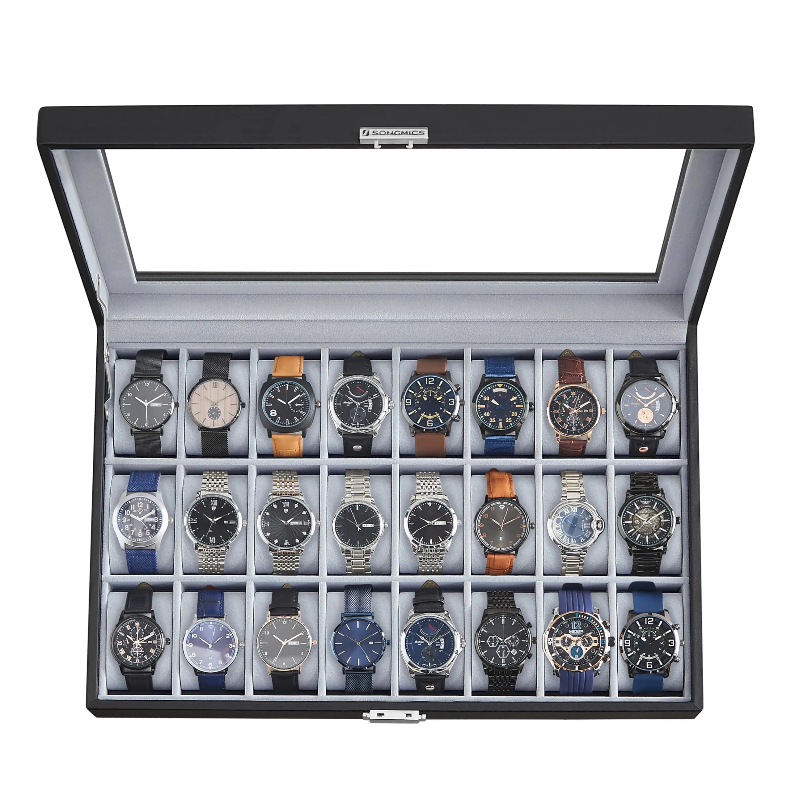 SONGMICS 24-Slot Watch Box Organizer with Glass Lid & Lock | 43.5cm (17.1") L x 29.5cm (11.6") W