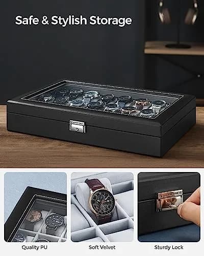 SONGMICS 24-Slot Watch Box Organizer with Glass Lid & Lock | 43.5cm (17.1") L x 29.5cm (11.6") W thumbnail 4
