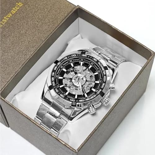 Gute Mechanical Skeleton Watch Self-Winding Stainless Steel Silver | Automatic Men's Wristwatch with 45mm Dial thumbnail 2