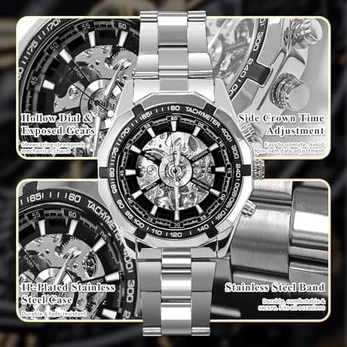 Gute Mechanical Skeleton Watch Self-Winding Stainless Steel Silver | Automatic Men's Wristwatch with 45mm Dial thumbnail 3