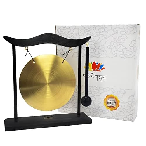 Feng Shui Brass Gong Desktop Zen Art with Wooden Stand & Red String Bracelet | 20cm (8in) Height thumbnail 5