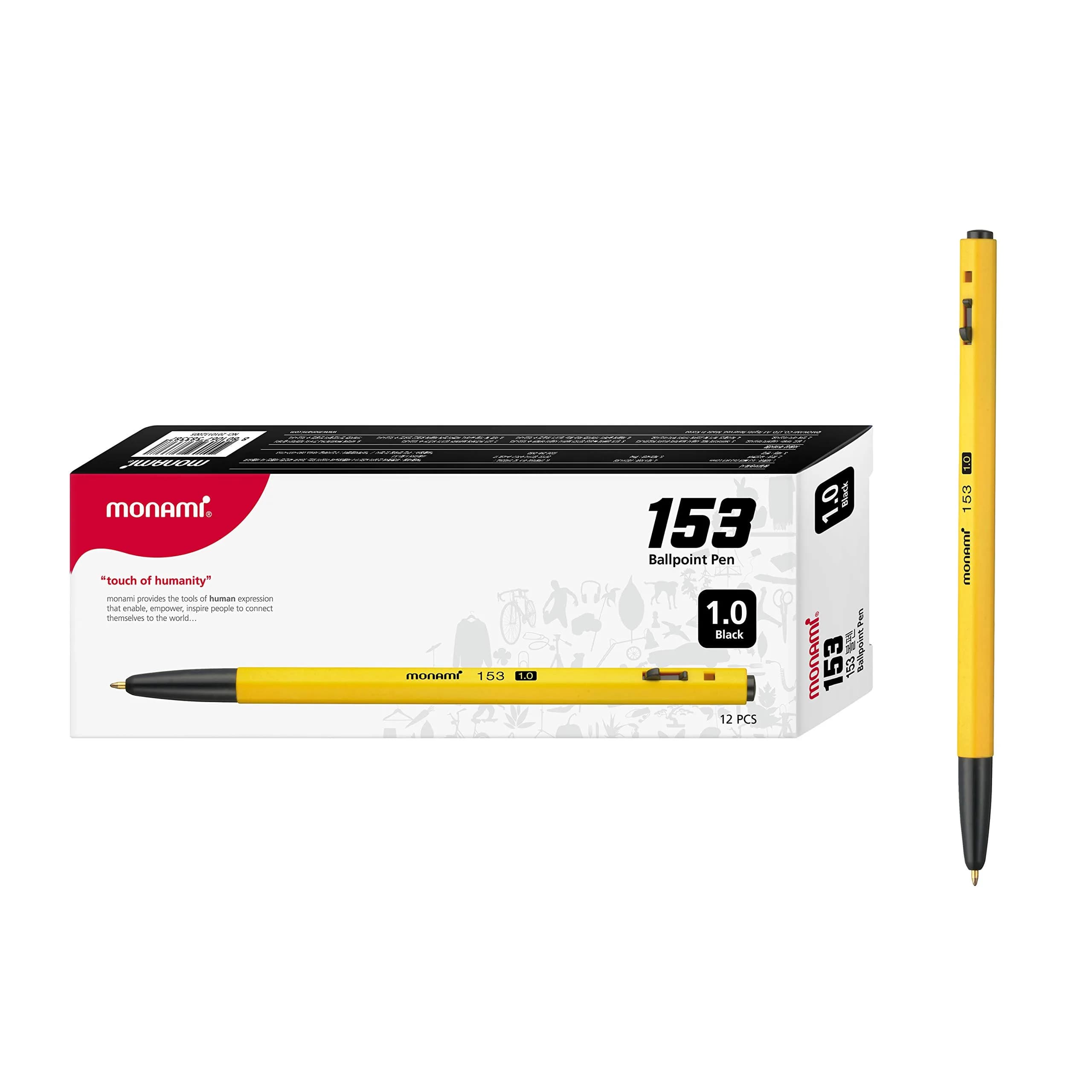 MONAMI BP 153 Retractable Ballpoint Pen, Medium Point (1.0mm), Black, 12-Count | Smooth Ink Flow - main product image