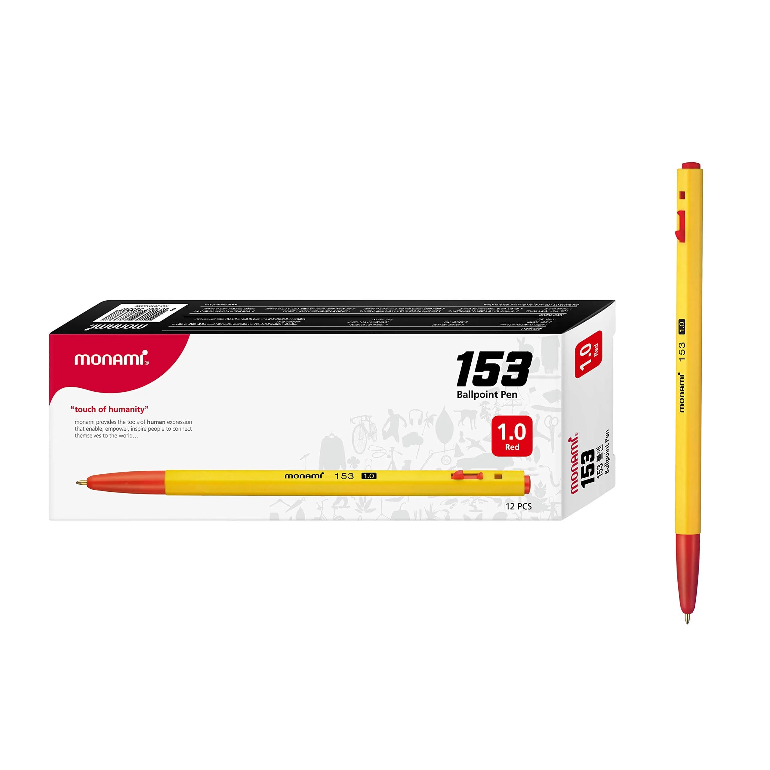 MONAMI BP 153 Retractable Ballpoint Pen, Medium Point (1.0mm), Black, 12-Count | Smooth Ink Flow — Red