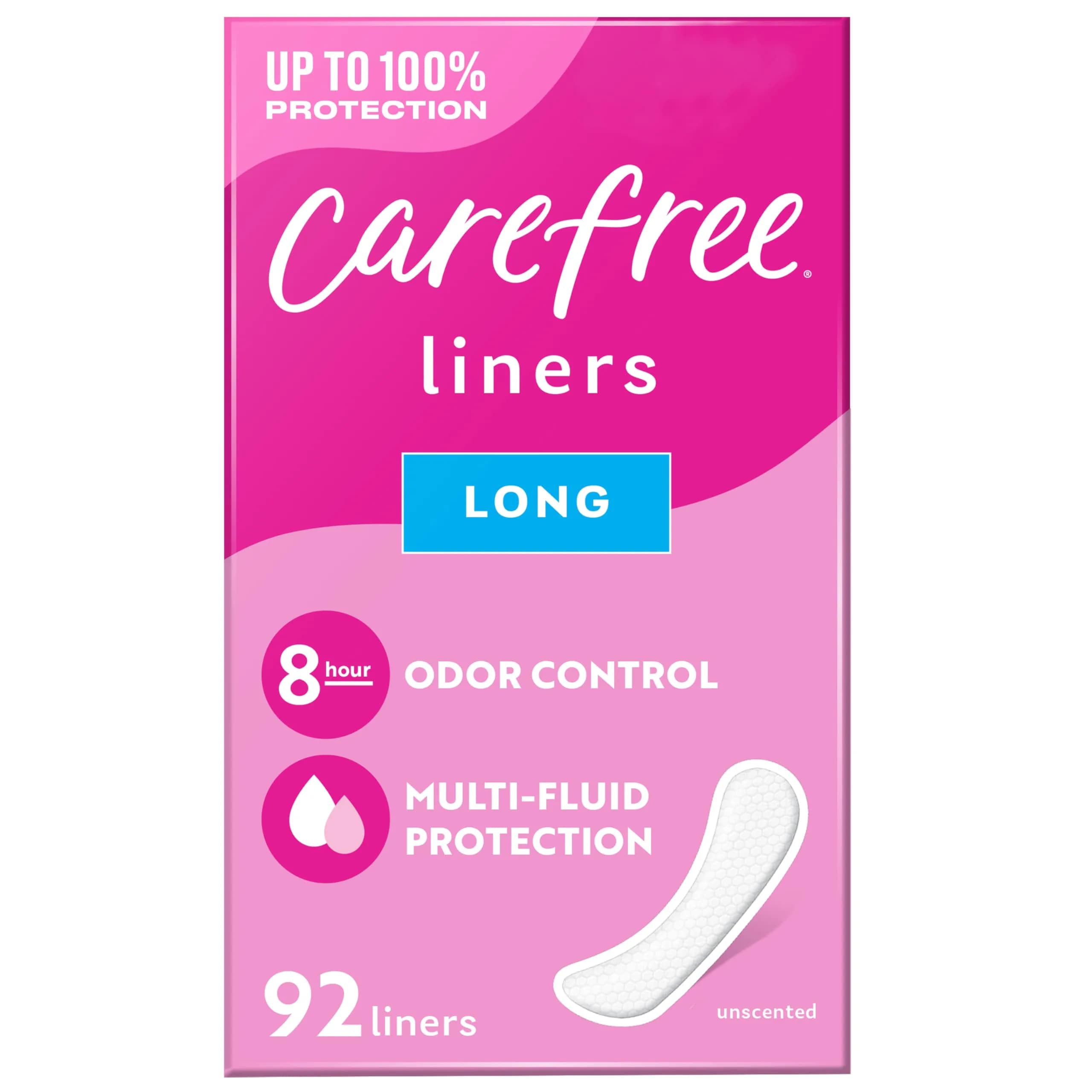 Carefree Long Unscented Panty Liners for Women, 92 Count | Odor Control & Breathable Cotton