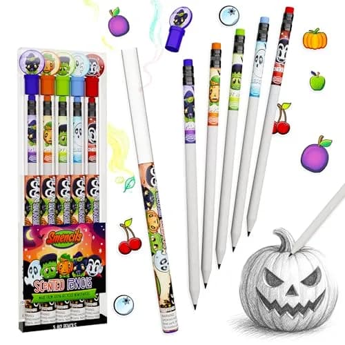 Scentco Halloween Smencils HB #2 Patented Gourmet Scented Pencils 5 Count | Recycled Newspaper Pencils with Collectible Character Caps thumbnail 1