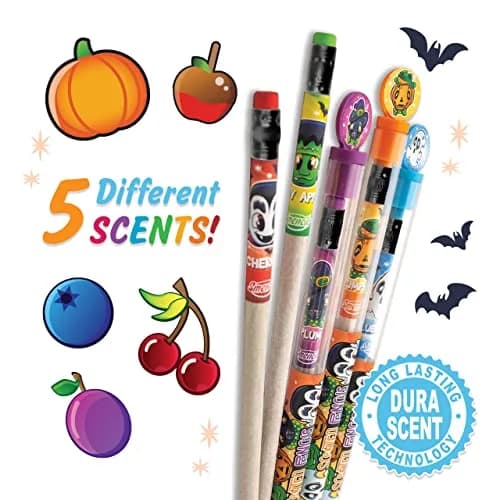 Scentco Halloween Smencils HB #2 Patented Gourmet Scented Pencils 5 Count | Recycled Newspaper Pencils with Collectible Character Caps thumbnail 2