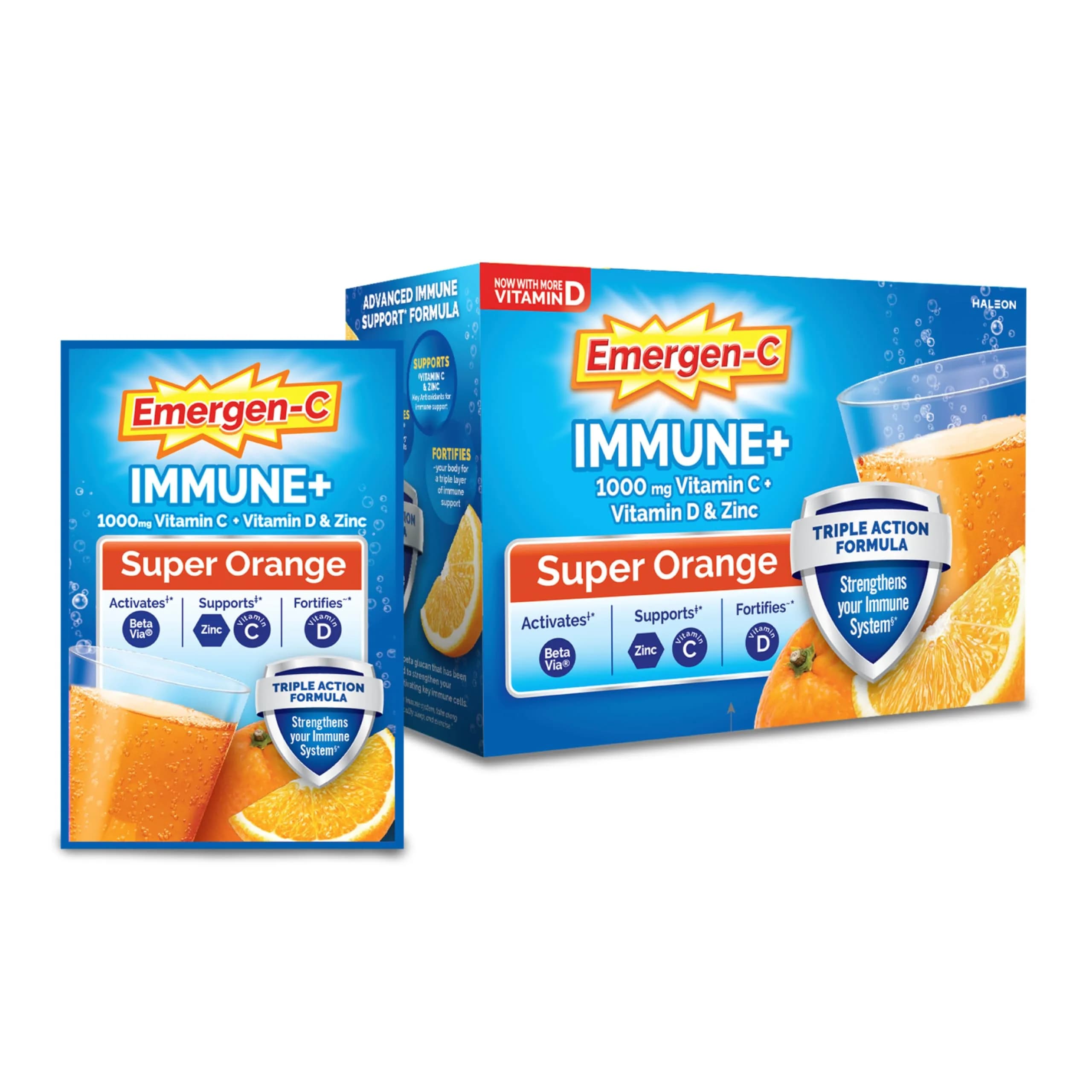 Emergen-C Immune+ Triple Action Immune Support Powder Super Orange 30 Count (9.9oz/280g) | 1000mg Vitamin C, BetaVia, Vitamin D - main product image