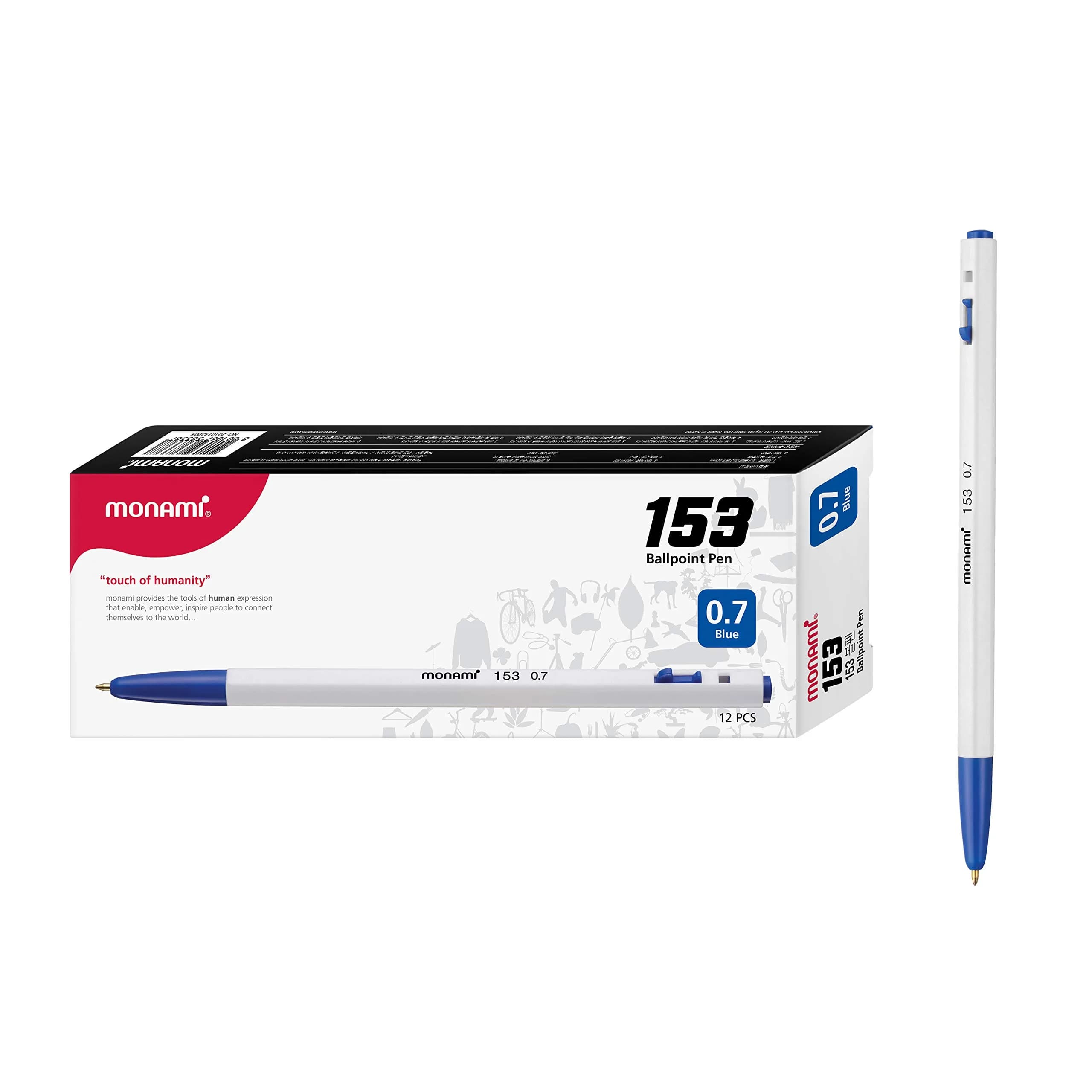 MONAMI BP 153 Retractable Ballpoint Pen, Medium Point (1.0mm), Black, 12-Count | Smooth Ink Flow — Blue / 0.7mm