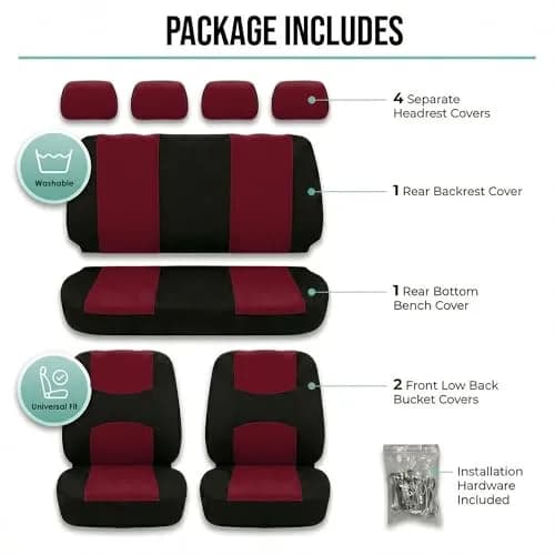 FH Group Cloth Car Seat Covers Set, Universal Fit Burgundy | Waterproof & Washable thumbnail 7